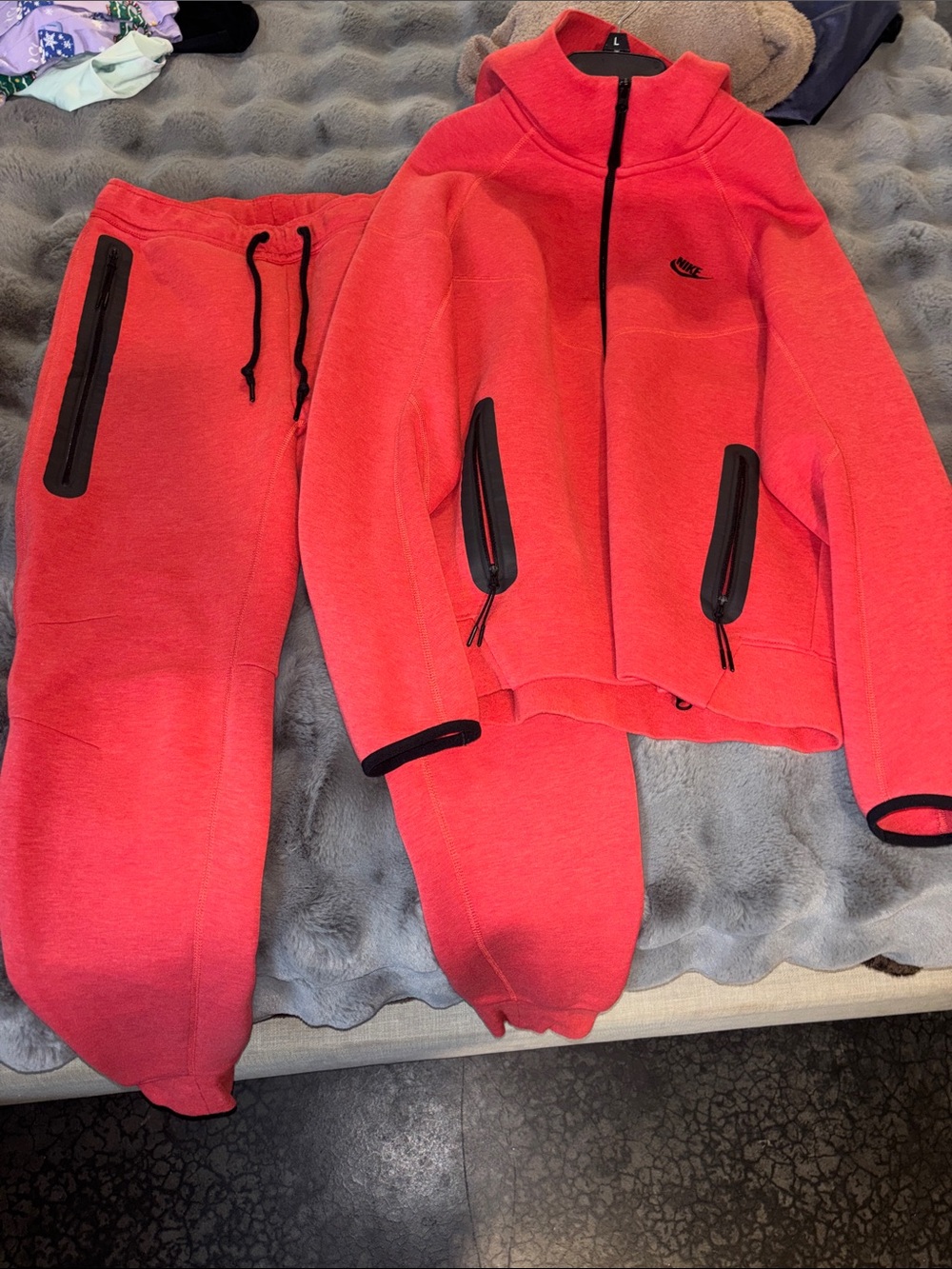 Nike Coral-Red Fleece Bomber Jacket and Joggers Set